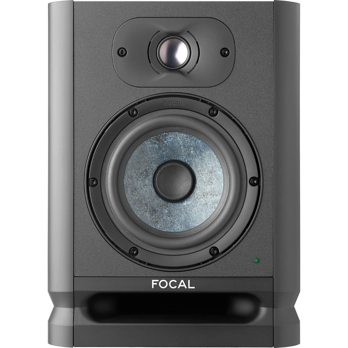 Focal Alpha 50 Evo active nearfield monitor speaker with sleek black finish and front-facing controls, designed for professional audio.