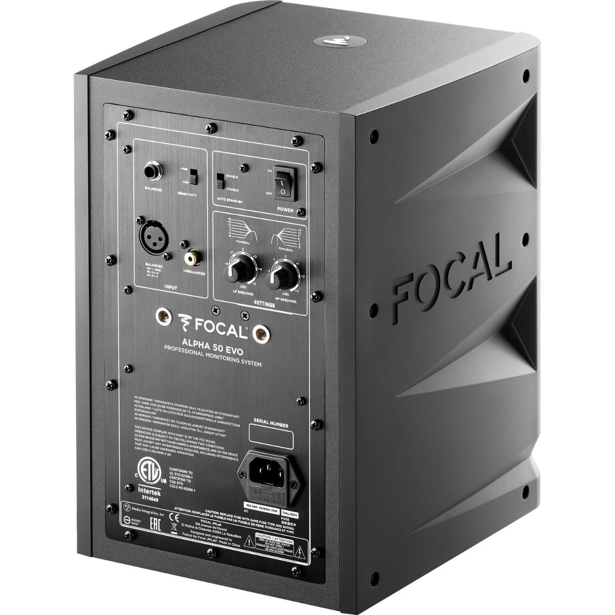 Focal Alpha 50 Evo active nearfield monitors, black speaker with control knobs and connectors on the front panel.