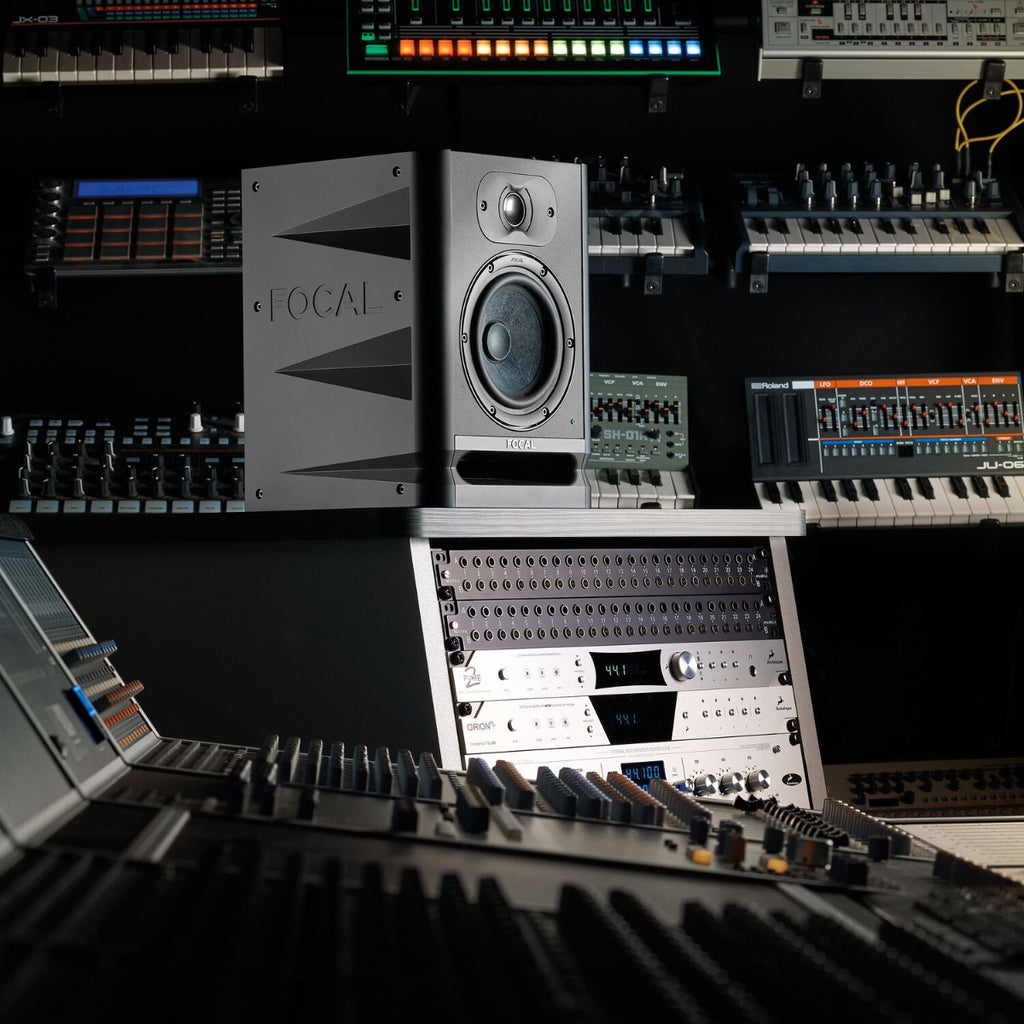Focal Alpha 50 Evo active nearfield monitor speaker showing its front grille and control panel for studio audio use.