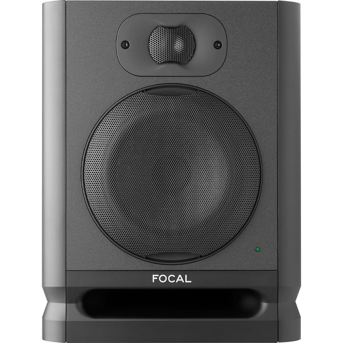 Focal Alpha 65 Evo active nearfield monitor speaker with black enclosure and control knobs on the front panel.