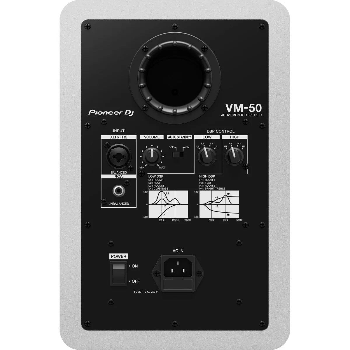 Pioneer DJ VM-50 active nearfield monitor speaker with black finish, showing front grille and control panel.