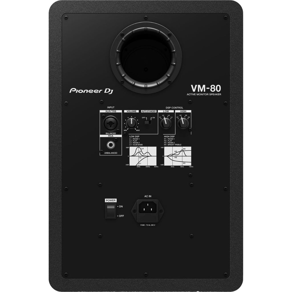 Pioneer DJ VM-80 black active nearfield monitors with front controls and speaker drivers visible in the image.