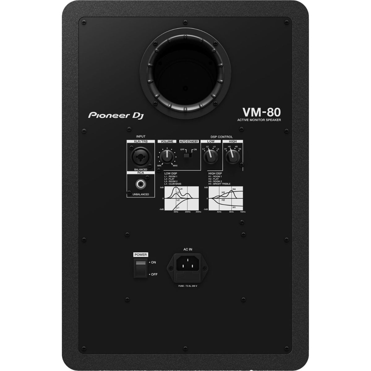 Pioneer DJ VM-80 black active nearfield monitors with front controls and speaker drivers visible in the image.