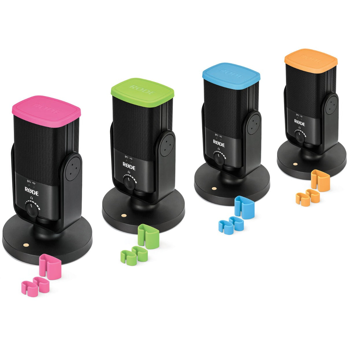Rode Colors1 microphone accessories set for NT-USB Mini, featuring four colorful windscreens in various shades.