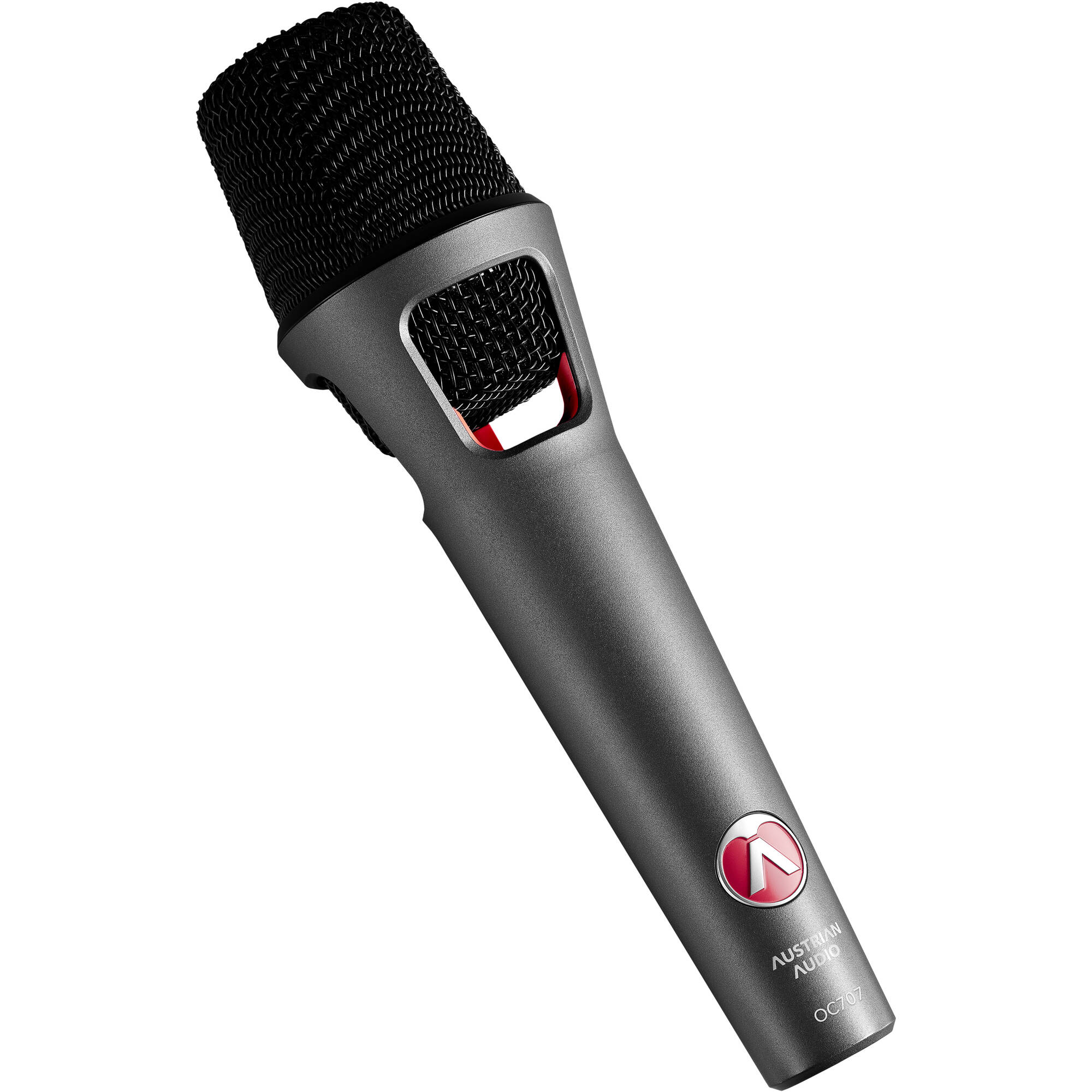 Austrian Audio OC707 condenser microphone with silver body and black grille, shown on a stand for studio recording.