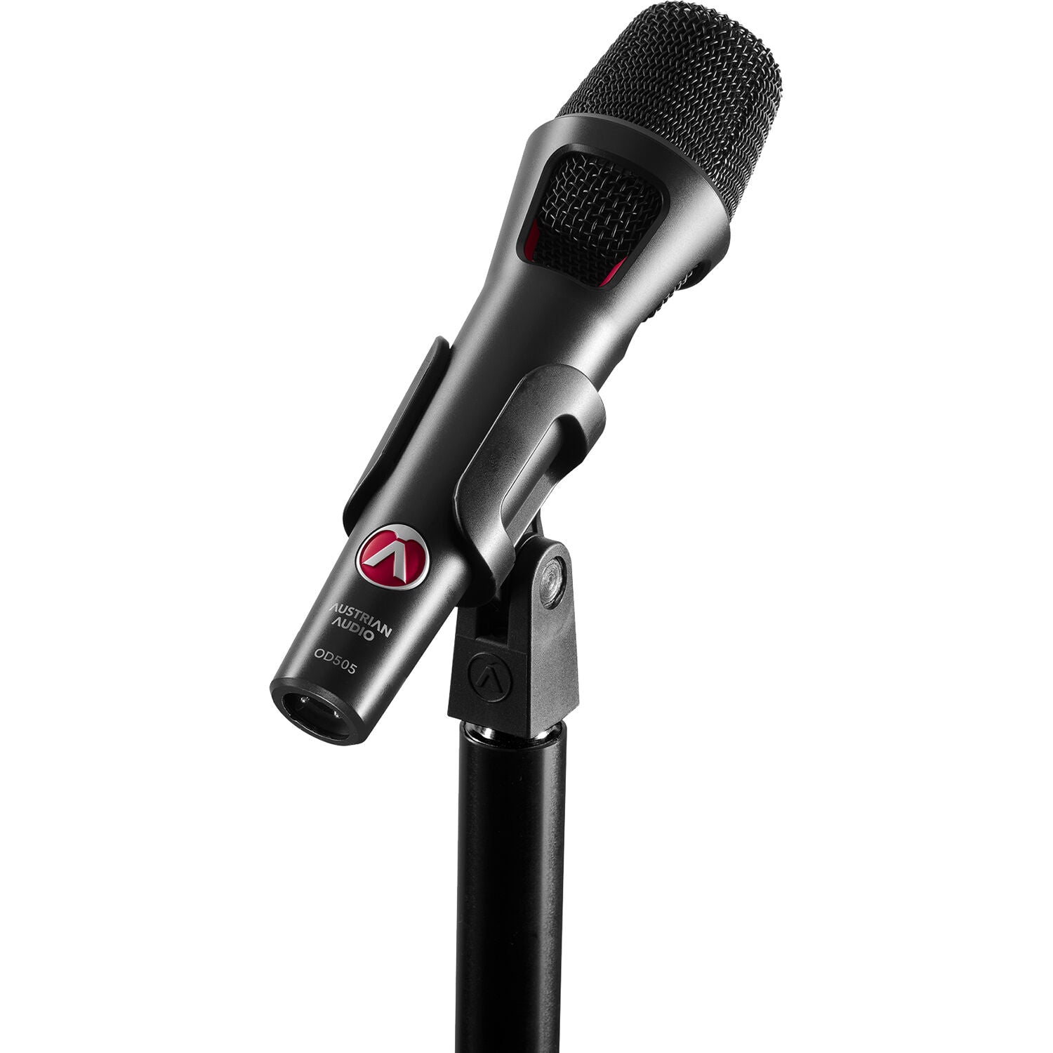 Austrian Audio OD505 dynamic microphone with black mesh grille and silver body, mounted on a stand for vocal or instrument recording.