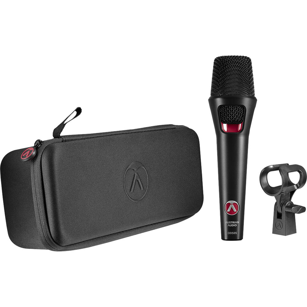 Austrian Audio OD505 dynamic microphone with black body and grille, ideal for live performances and studio recording.