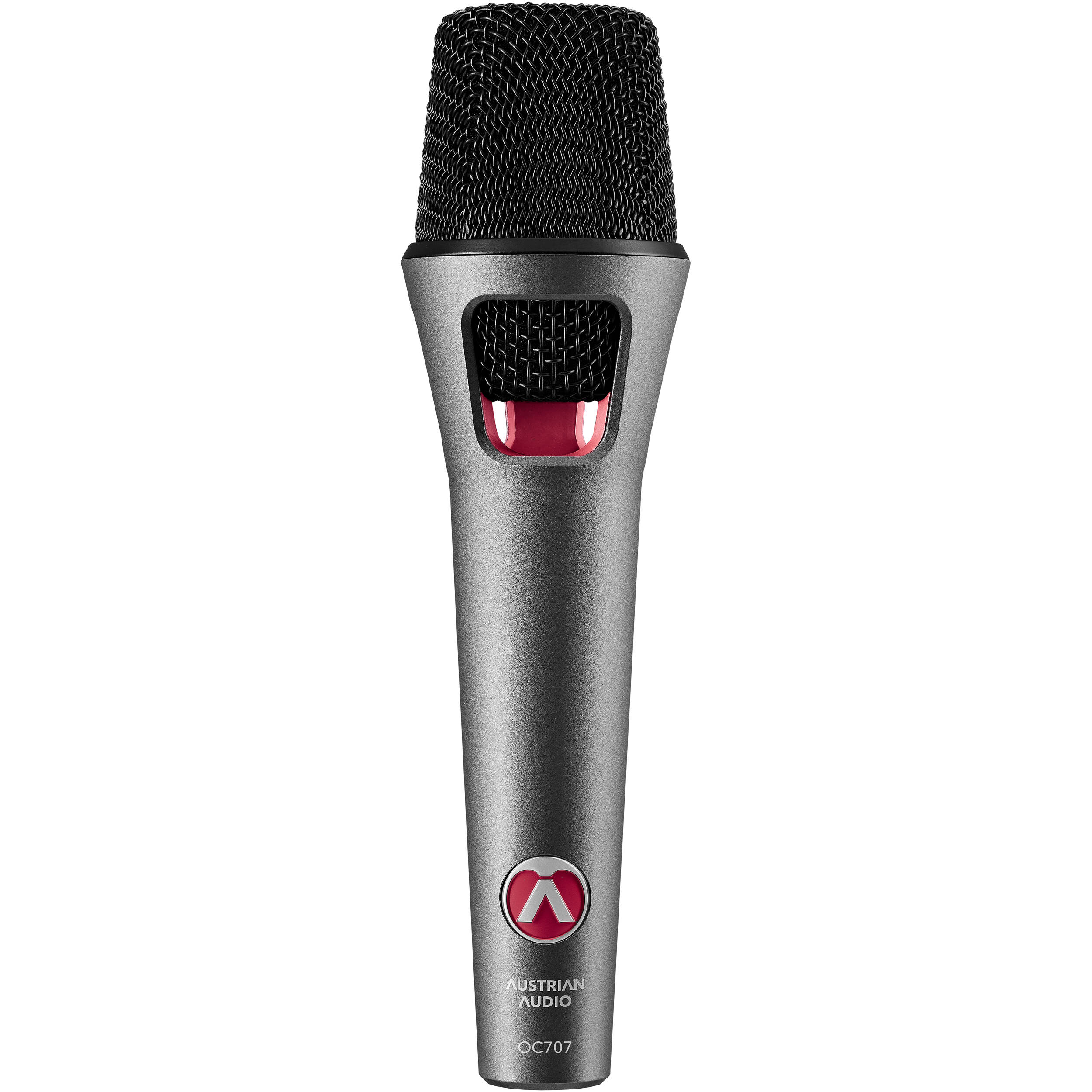 Austrian Audio OC707 condenser microphone with silver finish, mounted on a stand, showing its detailed capsule and professional design.
