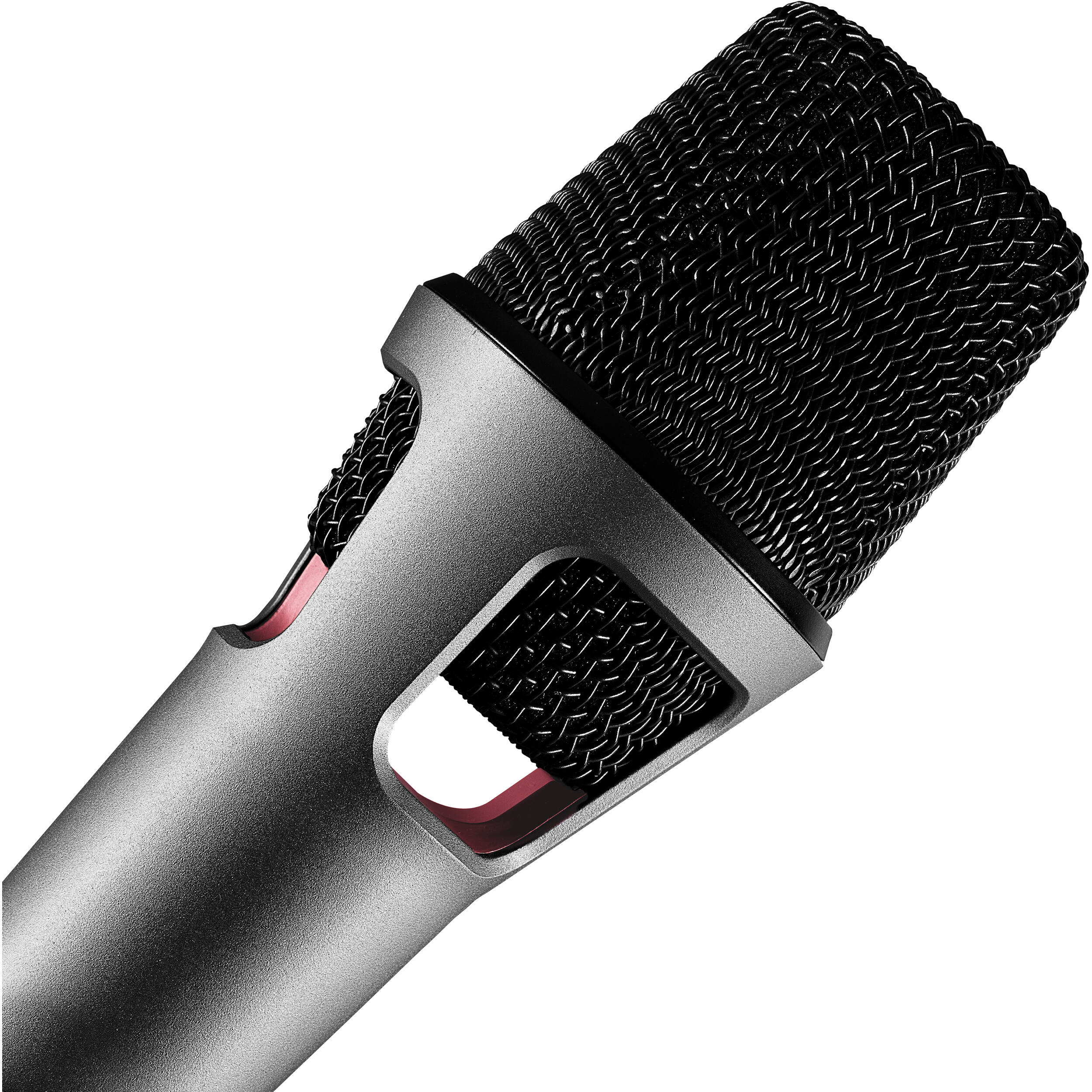 Austrian Audio OC707 condenser microphone with metal grille and sleek black body, positioned on a recording studio stand.