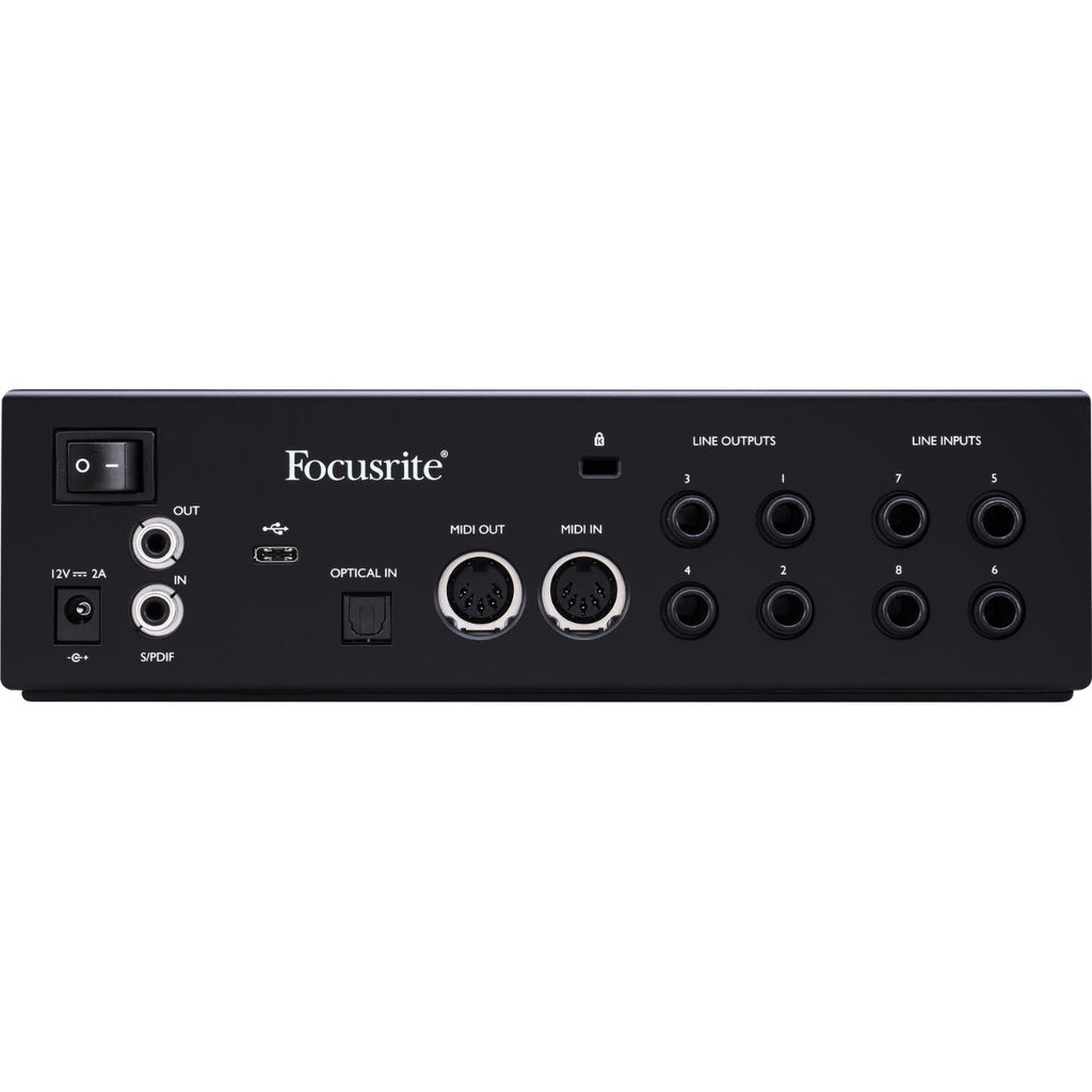 Focusrite Clarett+ 4Pre audio interface with multiple input and output ports, compact design, and professional audio features.