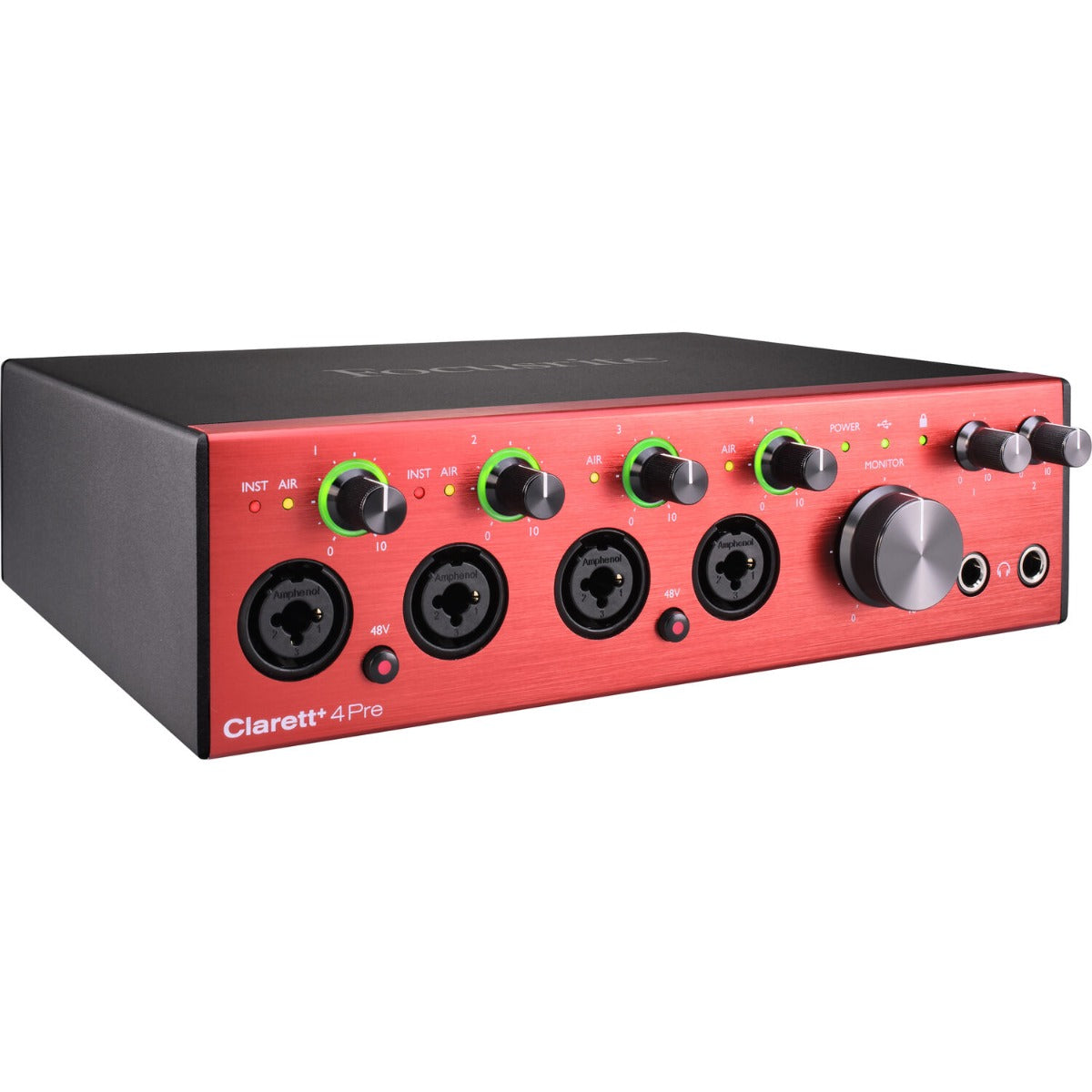 Focusrite Clarett+ 4Pre audio interface with multiple input and output ports, professional-grade audio equipment.