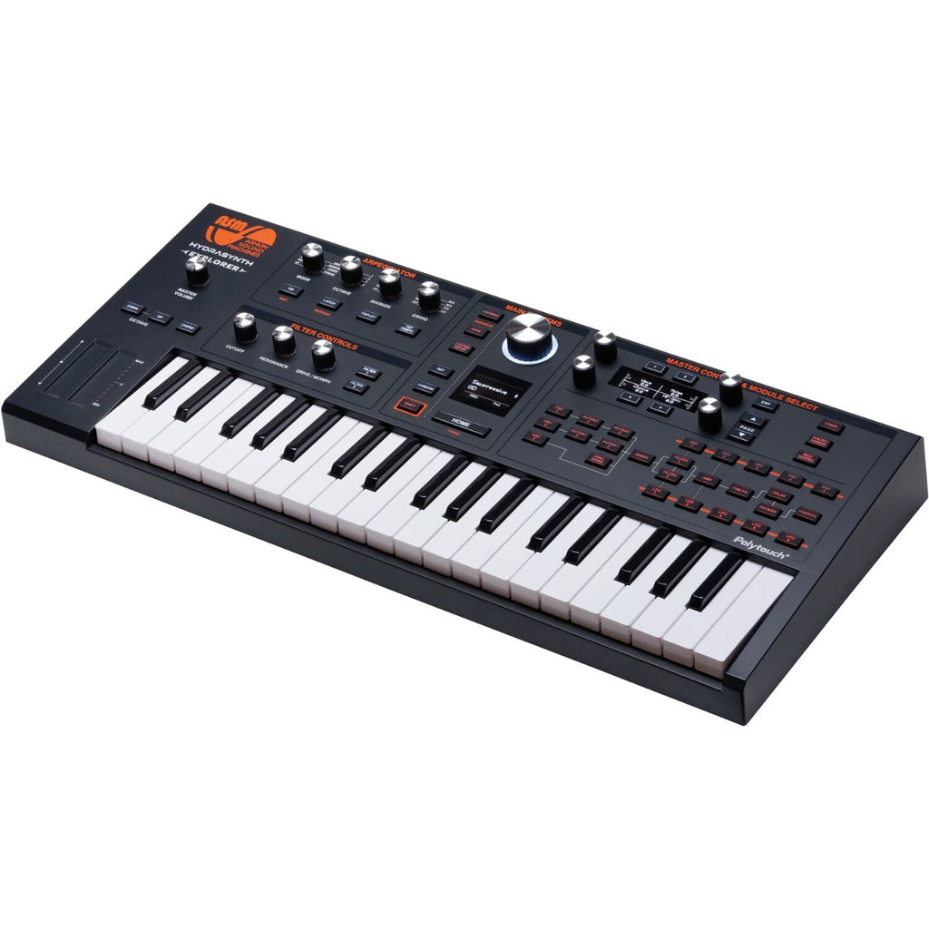 ASM Hydrasynth Explorer synthesizer with a compact keyboard, colorful interface, and various control knobs and buttons.