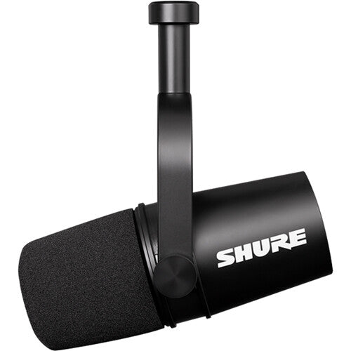 Shure MV7X dynamic microphone with metal grille and black body, designed for professional podcasting and broadcasting.