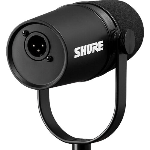 Shure MV7X dynamic microphone showing a black handheld microphone with a metal grille and control switches.