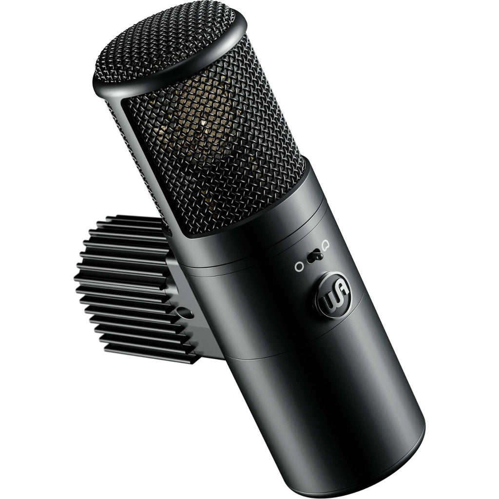 Warm Audio WA-8000 condenser microphone mounted on a stand, showcasing professional audio recording equipment.