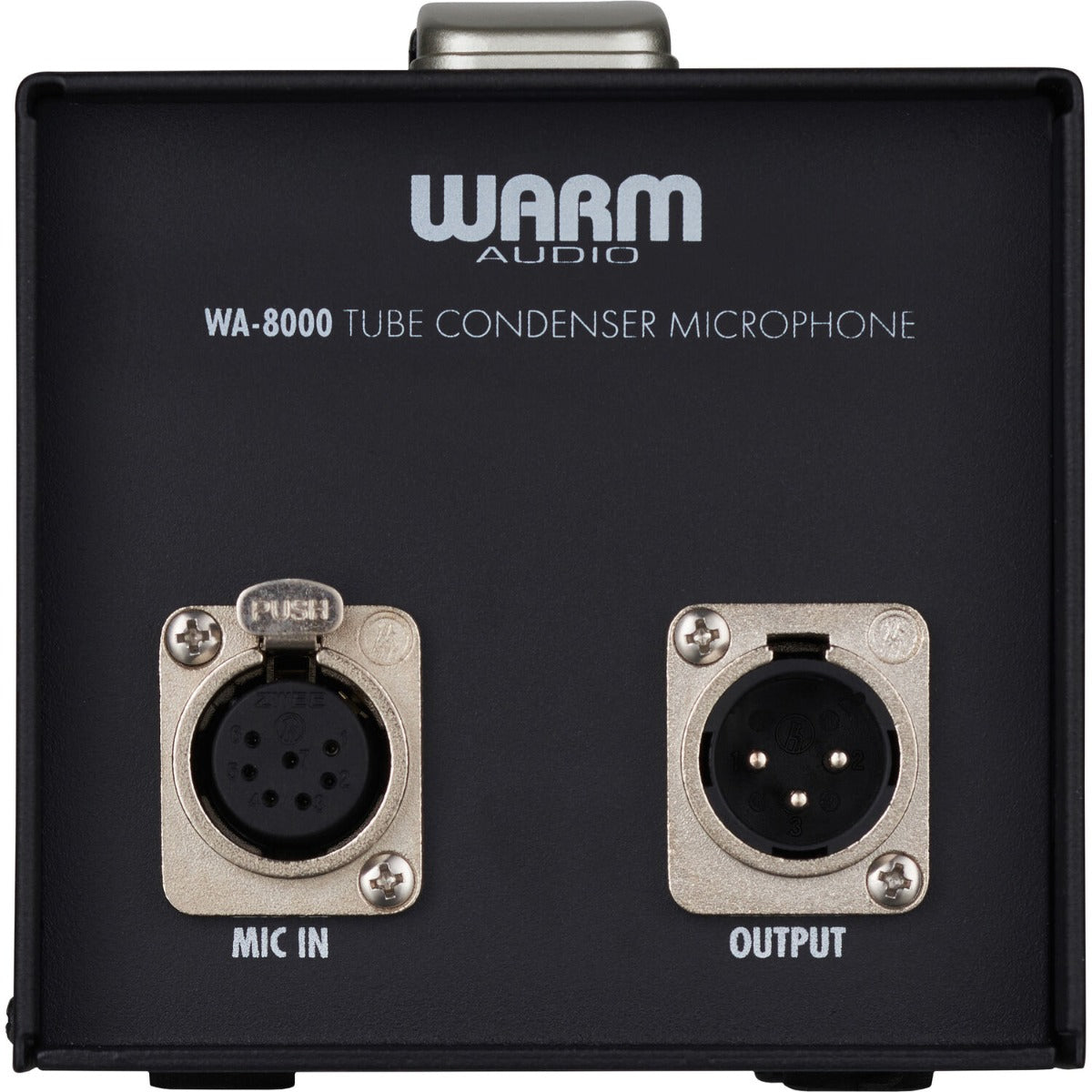 Warm Audio WA-8000 condenser microphone shown with a black body and silver grille, suitable for studio recording.