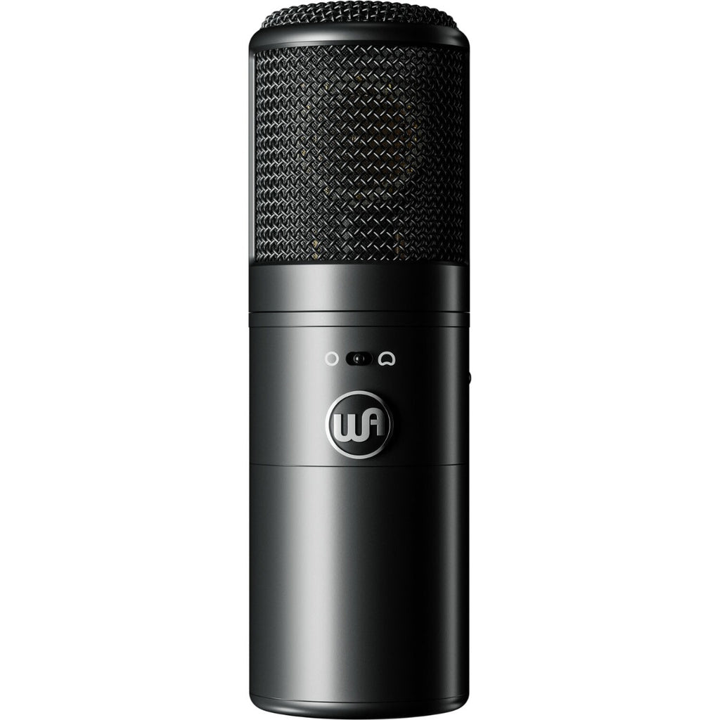 Warm Audio WA-8000 condenser microphone with gold-colored body and adjustable stand, designed for studio recording.