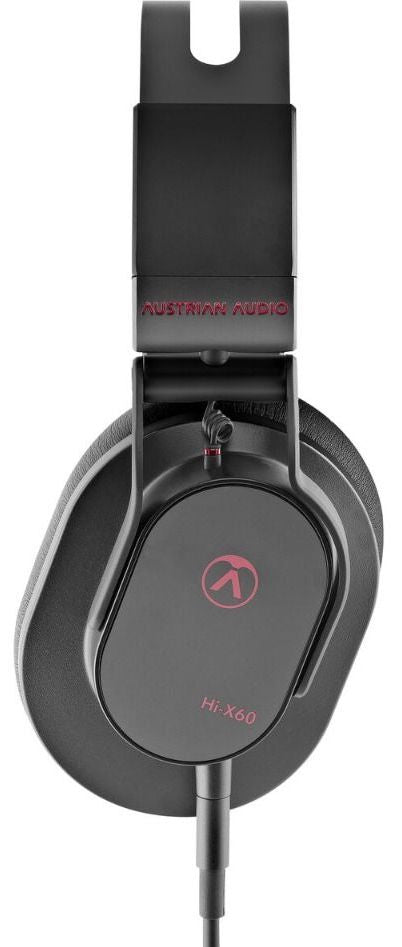Austrian Audio Hi-X60 studio headphones with black ear cups and headband, showing over-ear design and padded ear cushions.