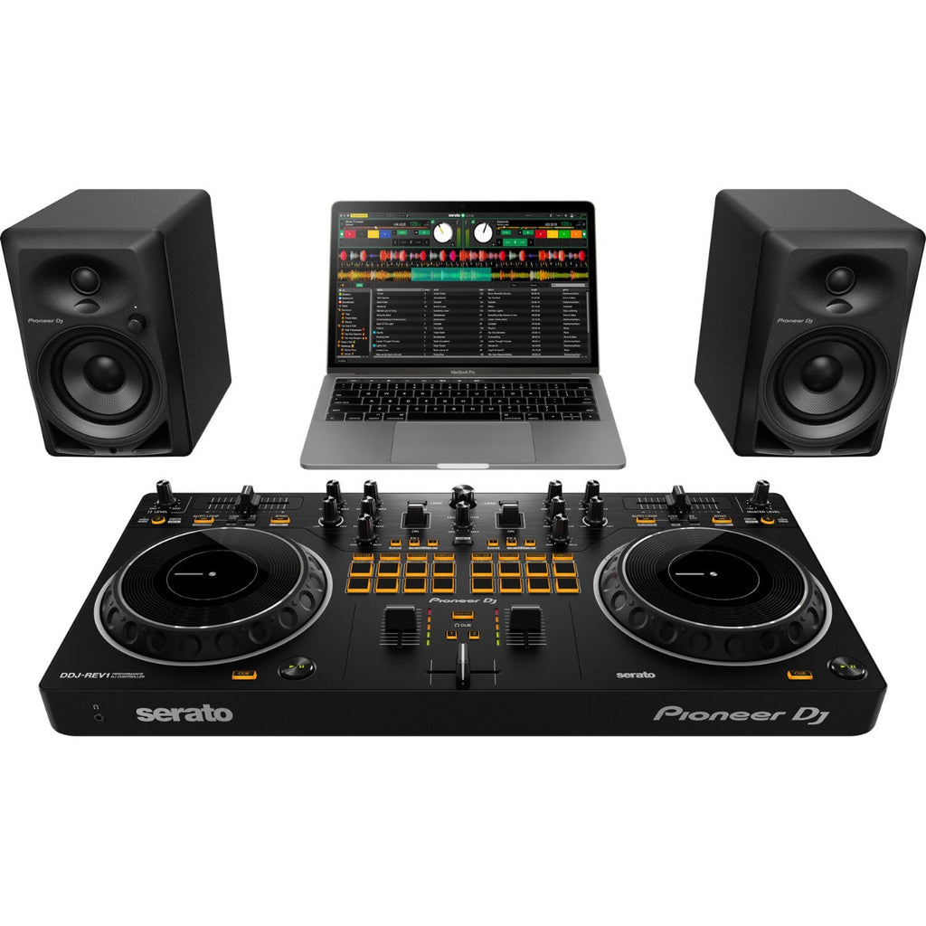 Pioneer DJ DDJ-REV1 black DJ controller with jog wheels, mixer pads, and control knobs for professional DJ setup