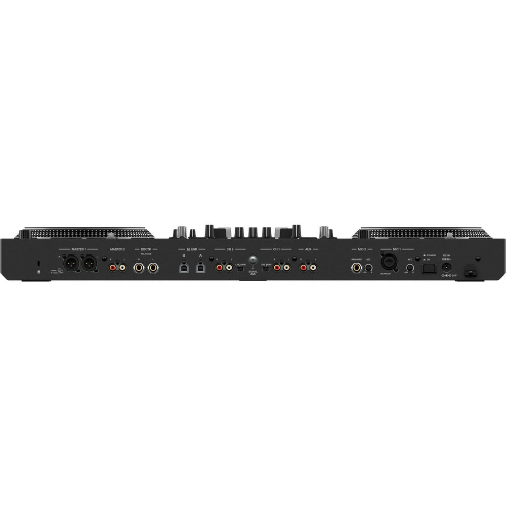 Pioneer DDJ-REV7 black DJ controller featuring performance pads and jog wheels for mixing and scratching.