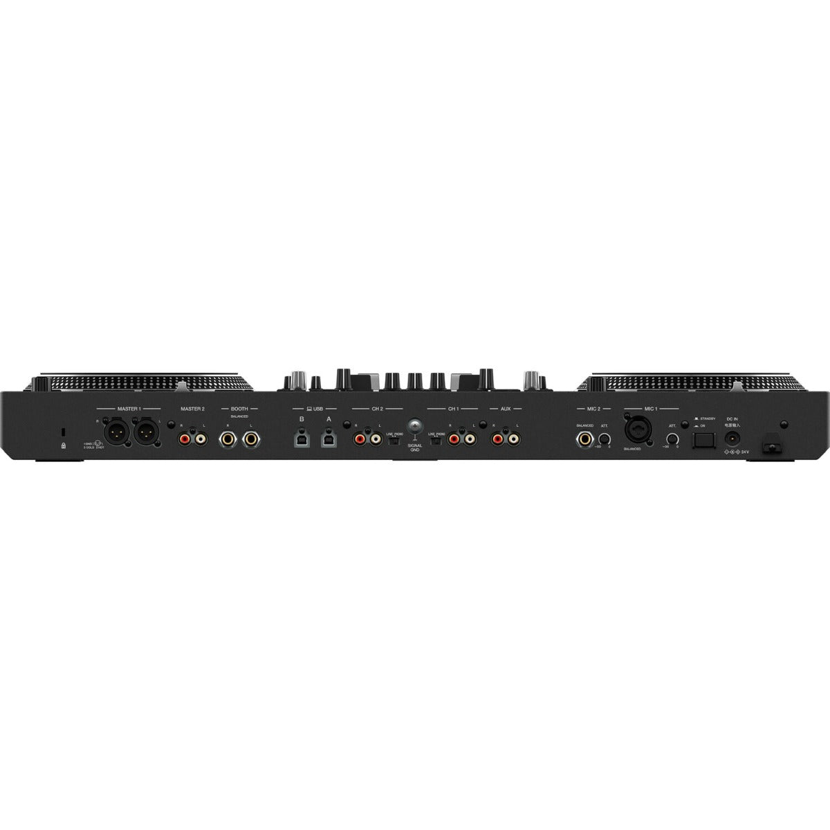 Pioneer DDJ-REV7 black DJ controller featuring performance pads and jog wheels for mixing and scratching.
