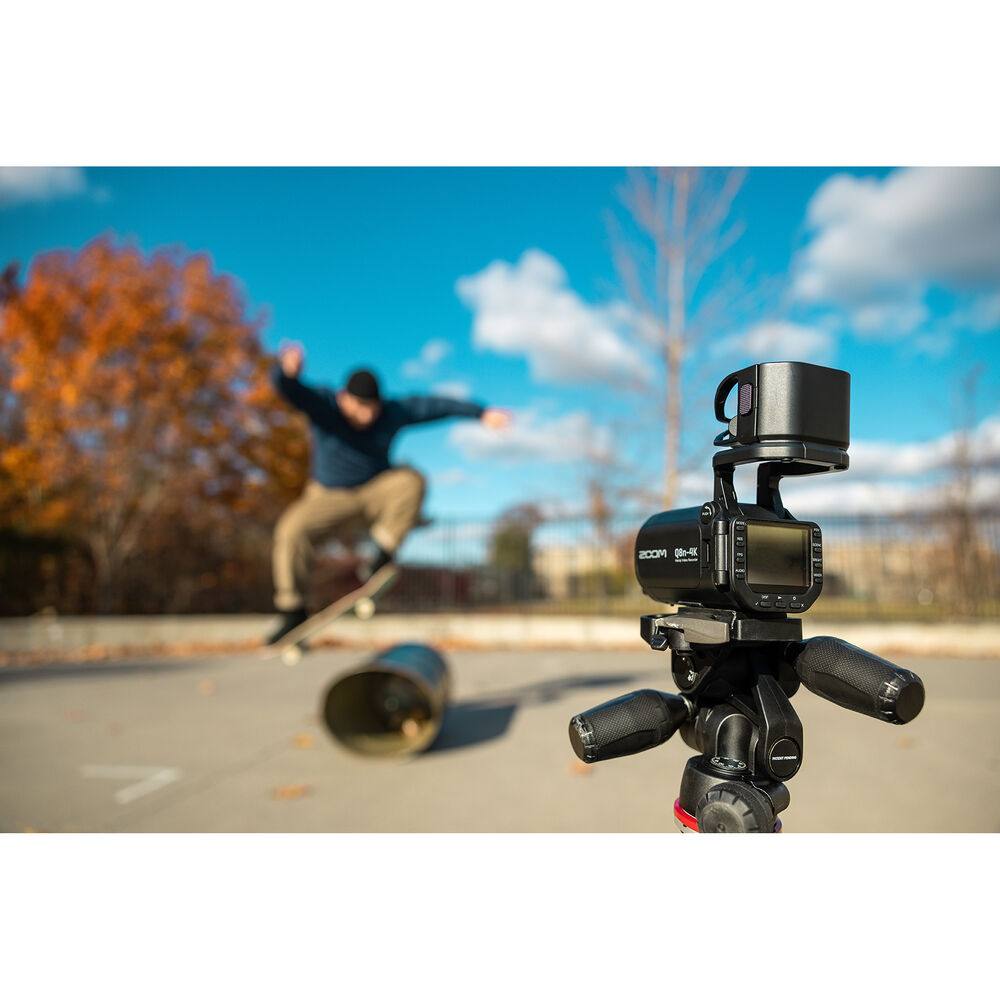 Zoom Q8n-4K video camera with adjustable lens and multiple ports for high-quality video recording and audio capture.