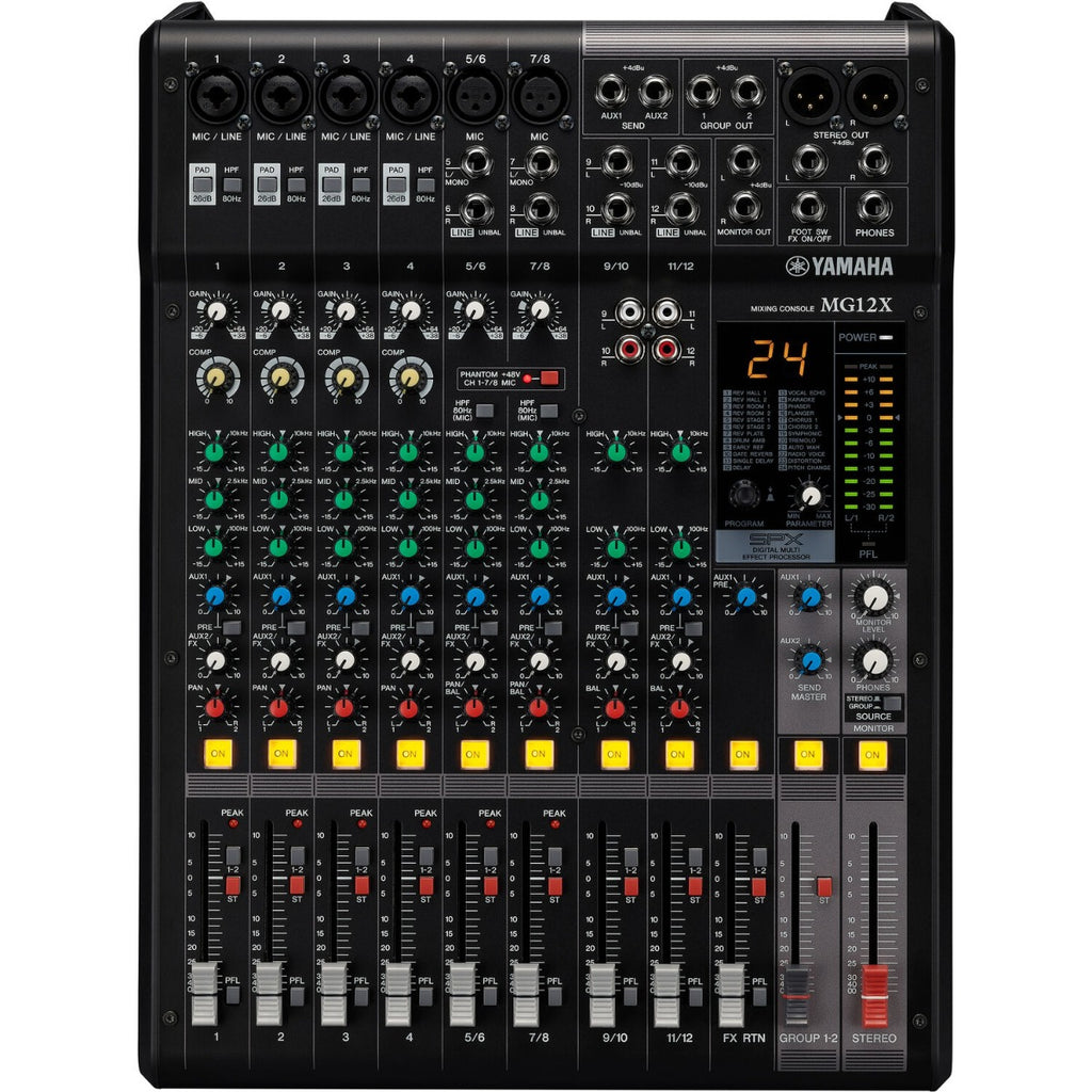 Yamaha MG12X analog mixer featuring multiple channels and knobs in a sleek design for professional audio mixing.