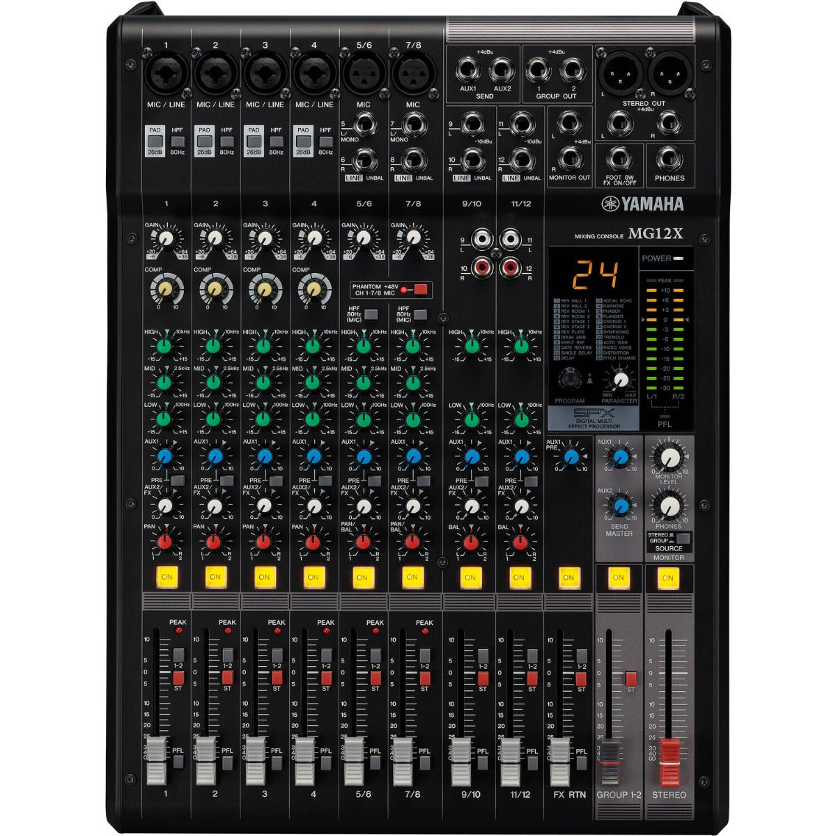Yamaha MG12X analog mixer featuring multiple channels and knobs in a sleek design for professional audio mixing.