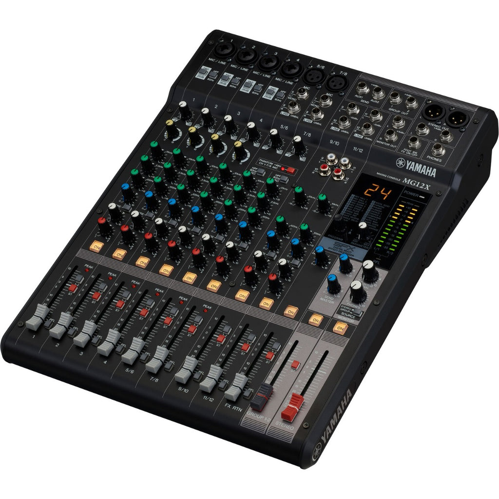 Yamaha MG12X analog mixer with multiple channels and control knobs on a sleek black surface.