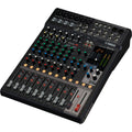 Yamaha MG12X analog mixer with multiple channels and control knobs on a sleek black surface.