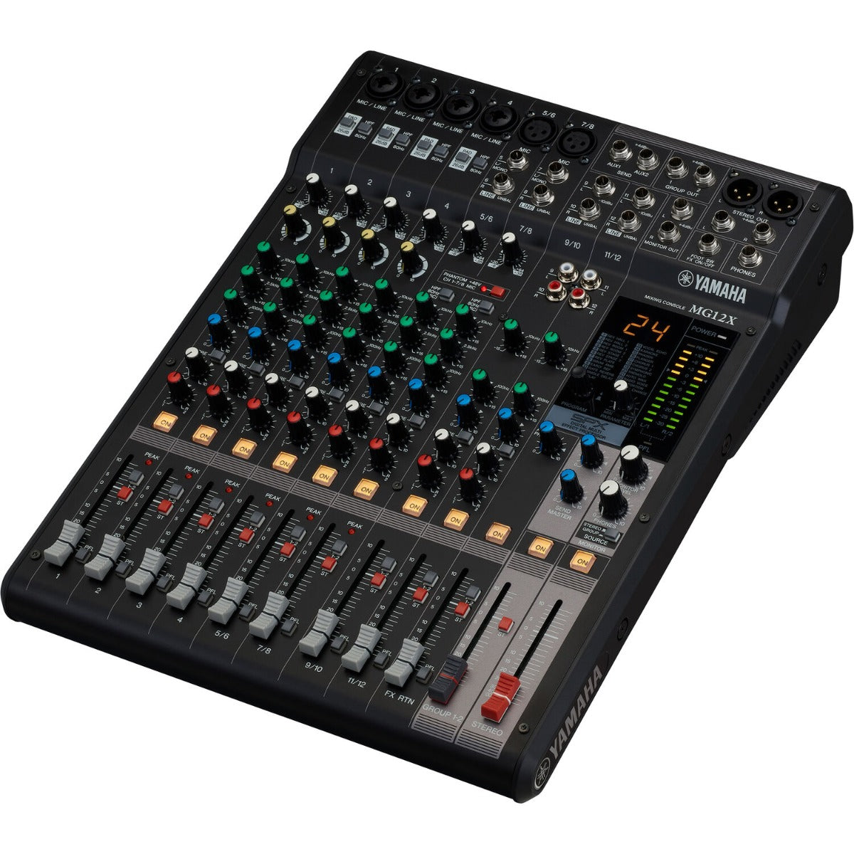 Yamaha MG12X analog mixer with multiple channels and control knobs on a sleek black surface.