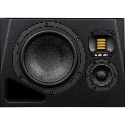 Adam Audio A8H mid-field and main monitor speaker shown from the left side, featuring sleek black design and detailed speaker components.