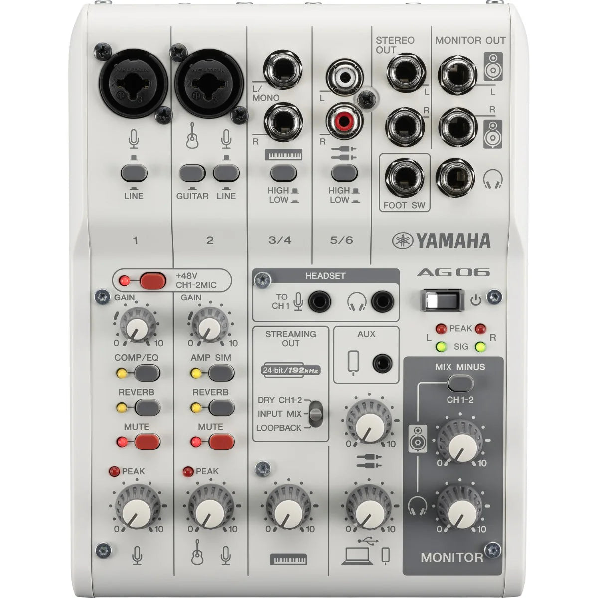 Yamaha AG06 MK2 digital mixer featuring multiple input channels and sleek design for professional audio mixing.