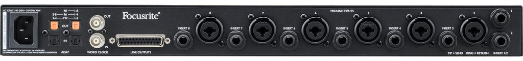Focusrite Clarett+ OctoPre microphone preamp with multiple input channels and professional audio interface features.