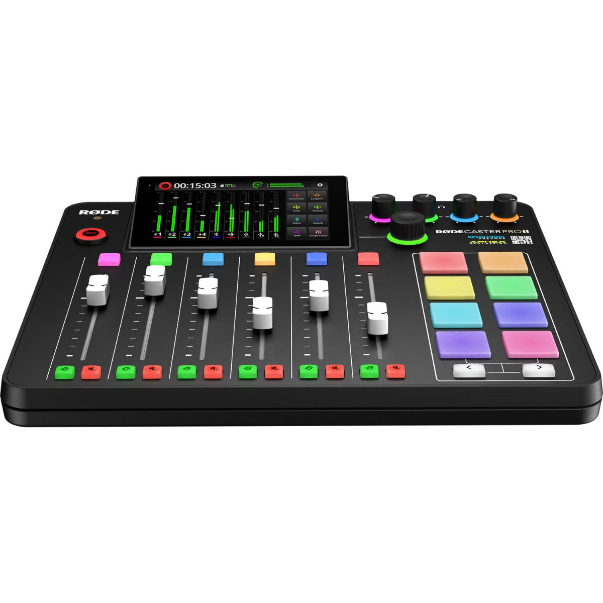 Rode RodeCaster Pro II digital mixer with multiple input channels and control knobs for podcast and audio production.