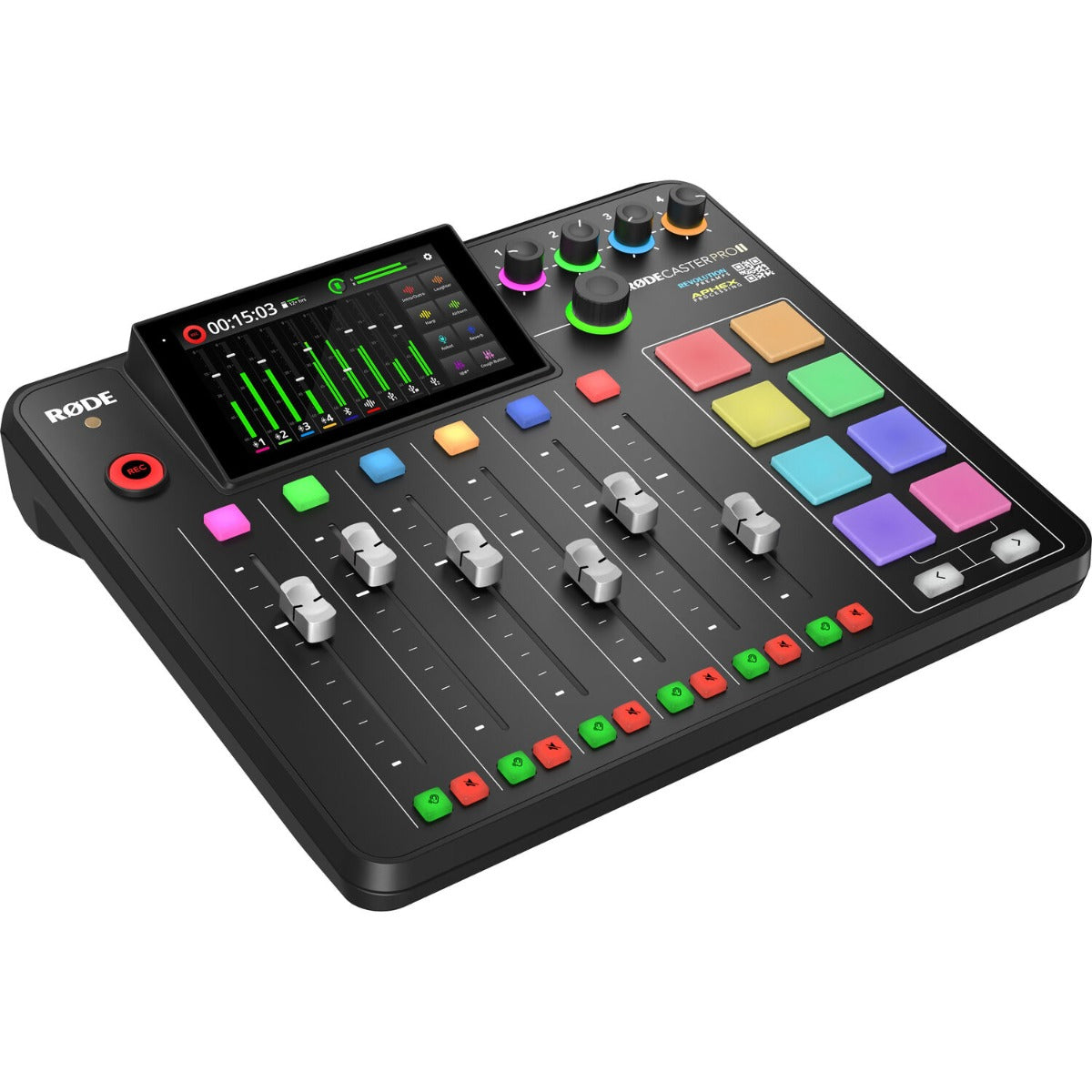Rode RodeCaster Pro II digital mixer with touchscreen, multiple input ports, and professional audio controls.
