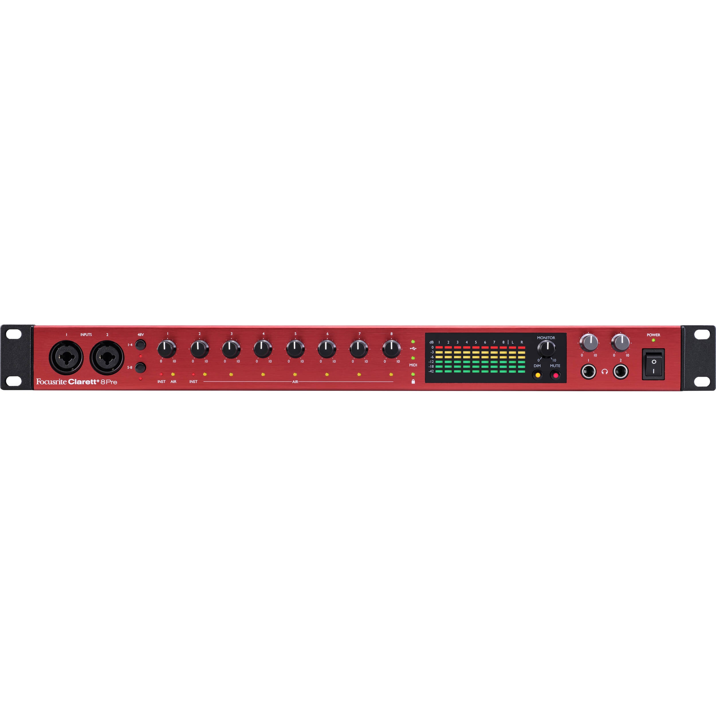 Focusrite Clarett+ 8Pre audio interface with multiple input and output ports, professional-grade audio equipment for music production.