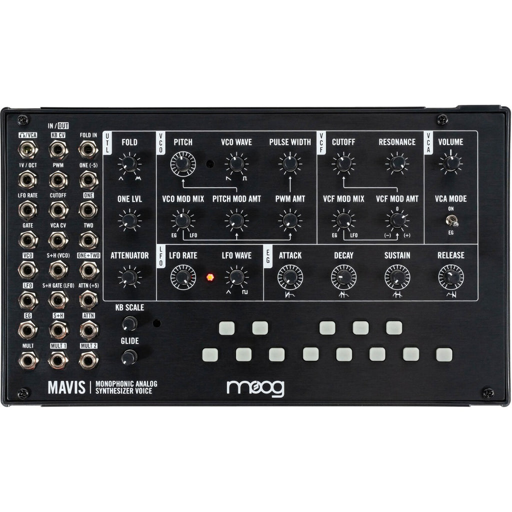 Moog Mavis synthesizer with control knobs and keyboard, showcasing its compact design and vintage-inspired electronic instrument.
