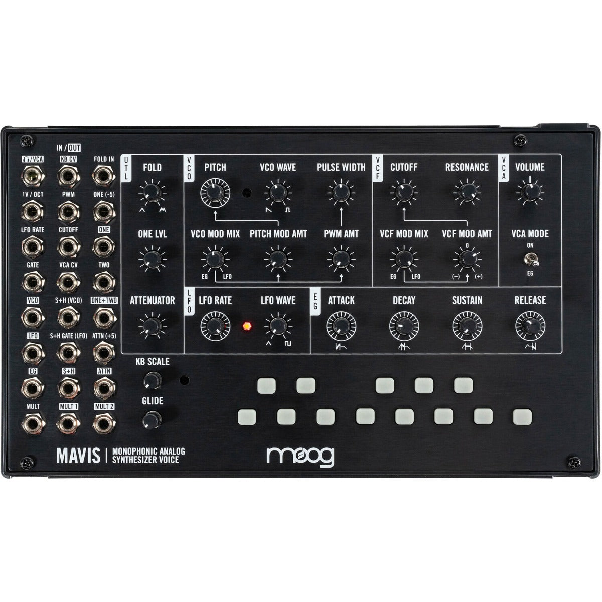 Moog Mavis synthesizer with control knobs and keyboard, showcasing its compact design and vintage-inspired electronic instrument.