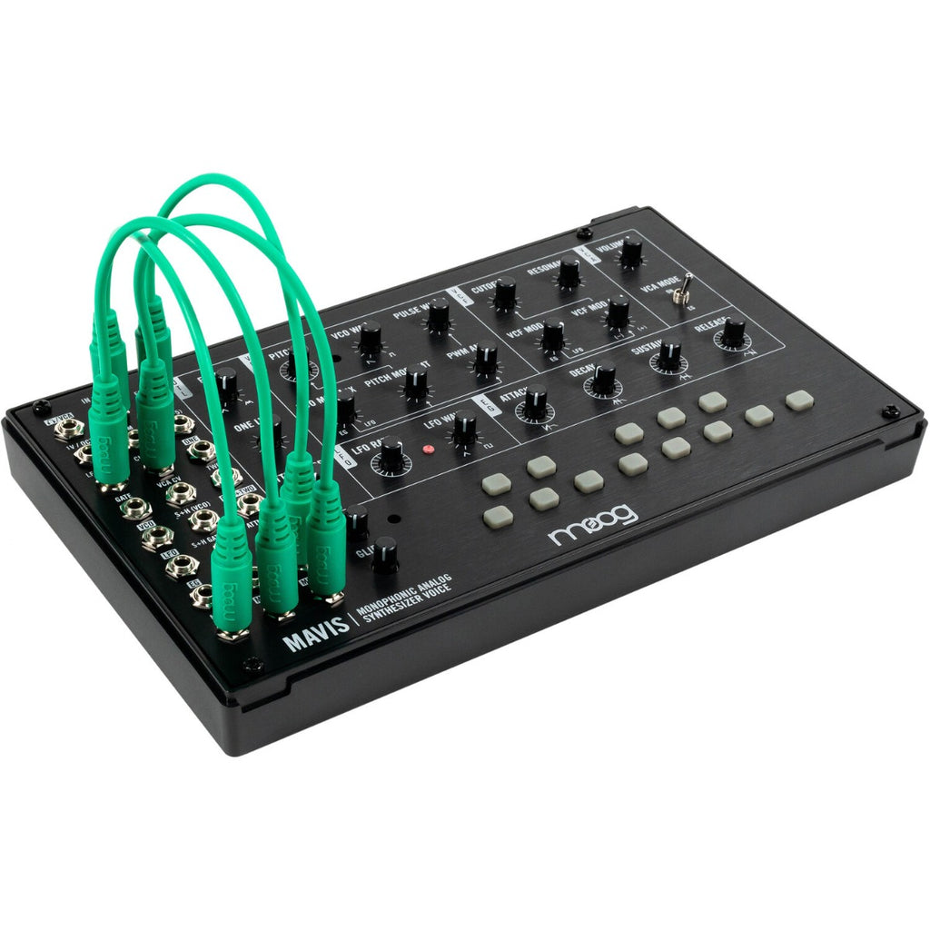 Moog Mavis synthesizer with vintage-style control panel and patch cables, showcasing its electronic keyboard and knobs.