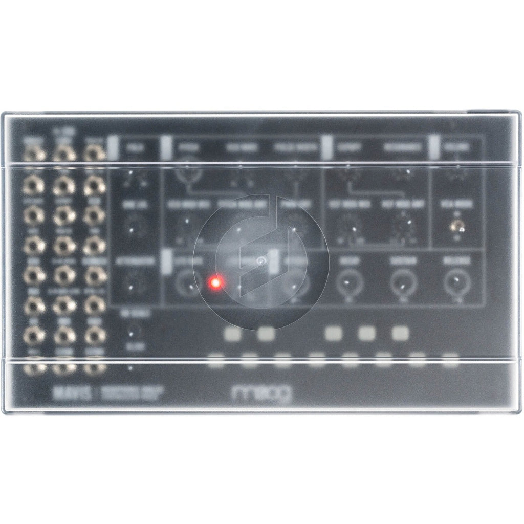 Moog Mavis synthesizer in black with control knobs and patch points, showcasing its compact design and electronic interface.