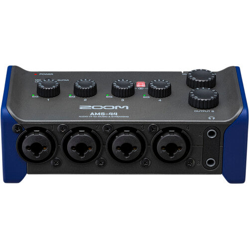 Zoom AMS-44 audio interface with multiple inputs, sleek design, and LED indicators for professional sound recording.