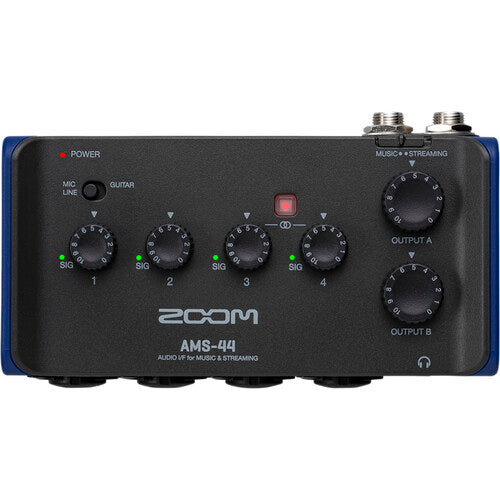 Zoom AMS-44 audio interface with multiple input/output ports and a sleek design.