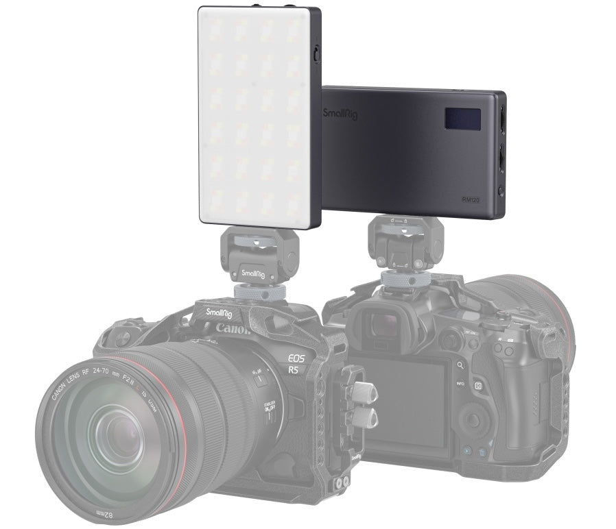 SmallRig RM120 RGB video light showing adjustable color and brightness settings on a compact, portable LED light for filming.