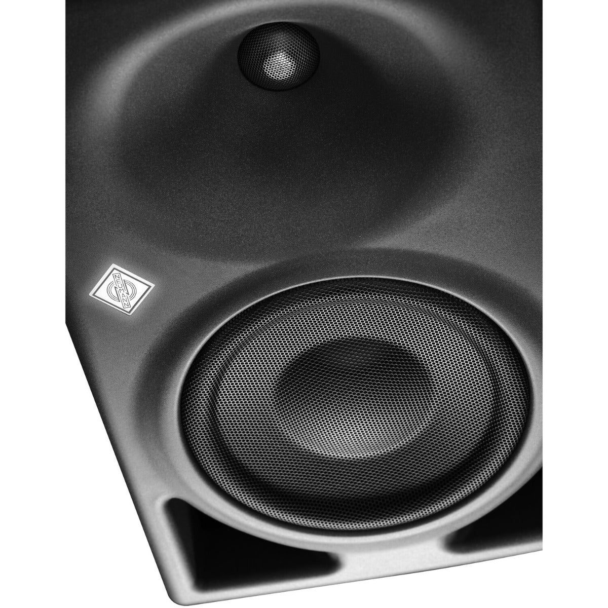 Neumann KH 150 active nearfield monitor speakers with sleek black finish and detailed driver components.