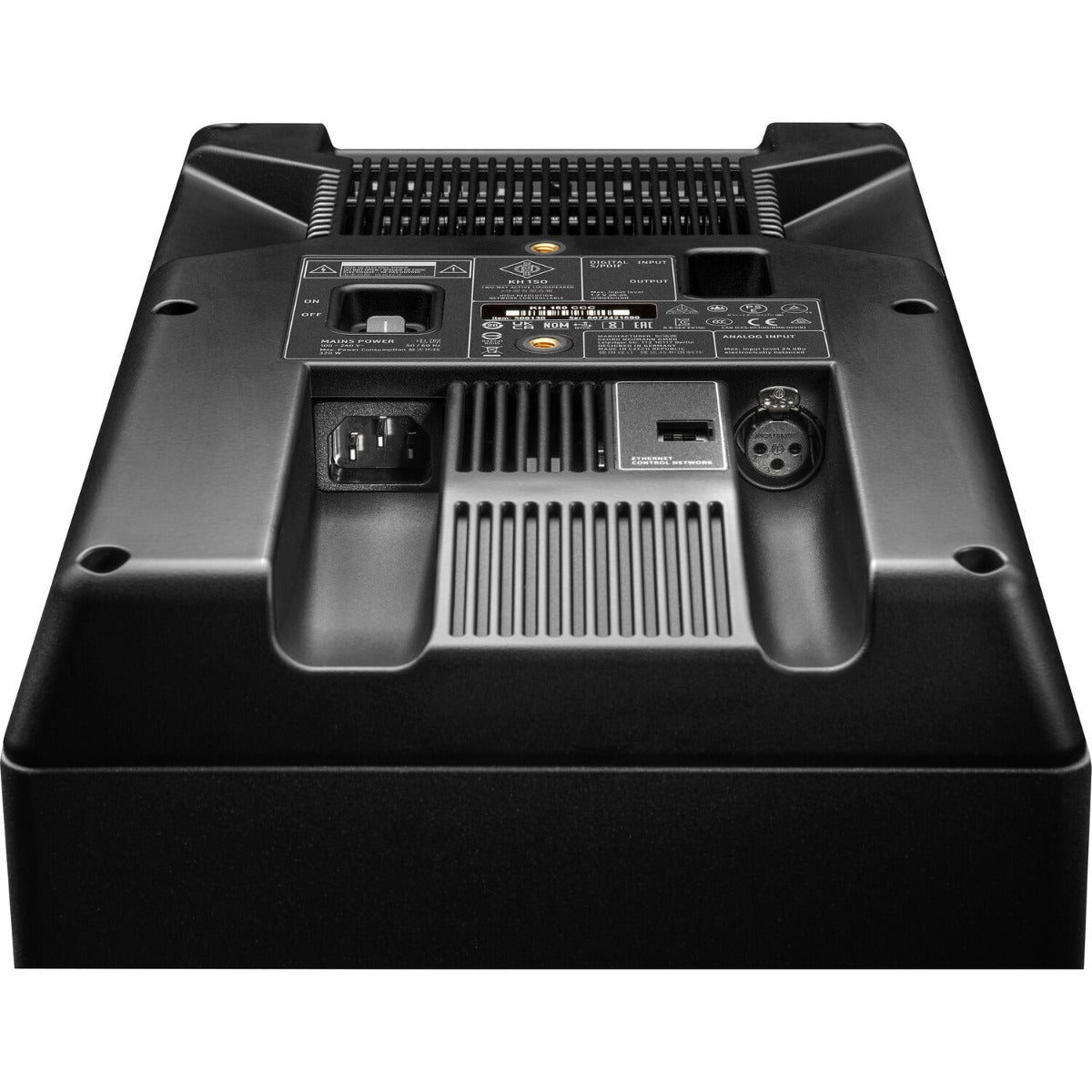 Neumann KH 150 active nearfield monitor speakers with sleek black finish, designed for professional audio monitoring.