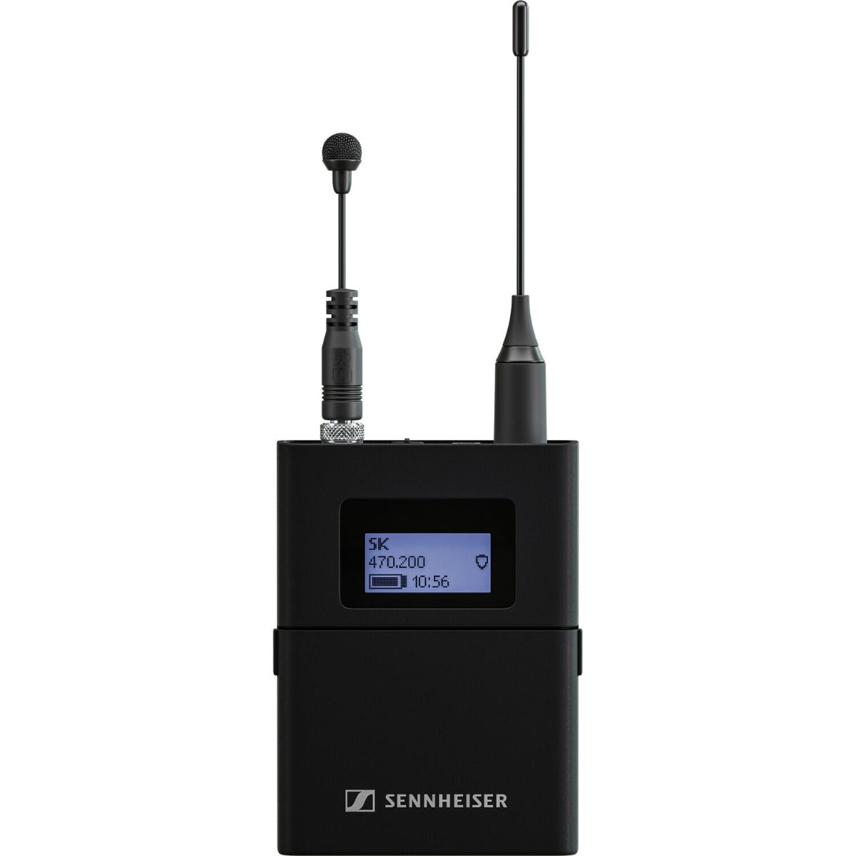 Sennheiser MKE Mini lavalier microphone clipped to clothing, compact wearable microphone for professional audio recording.