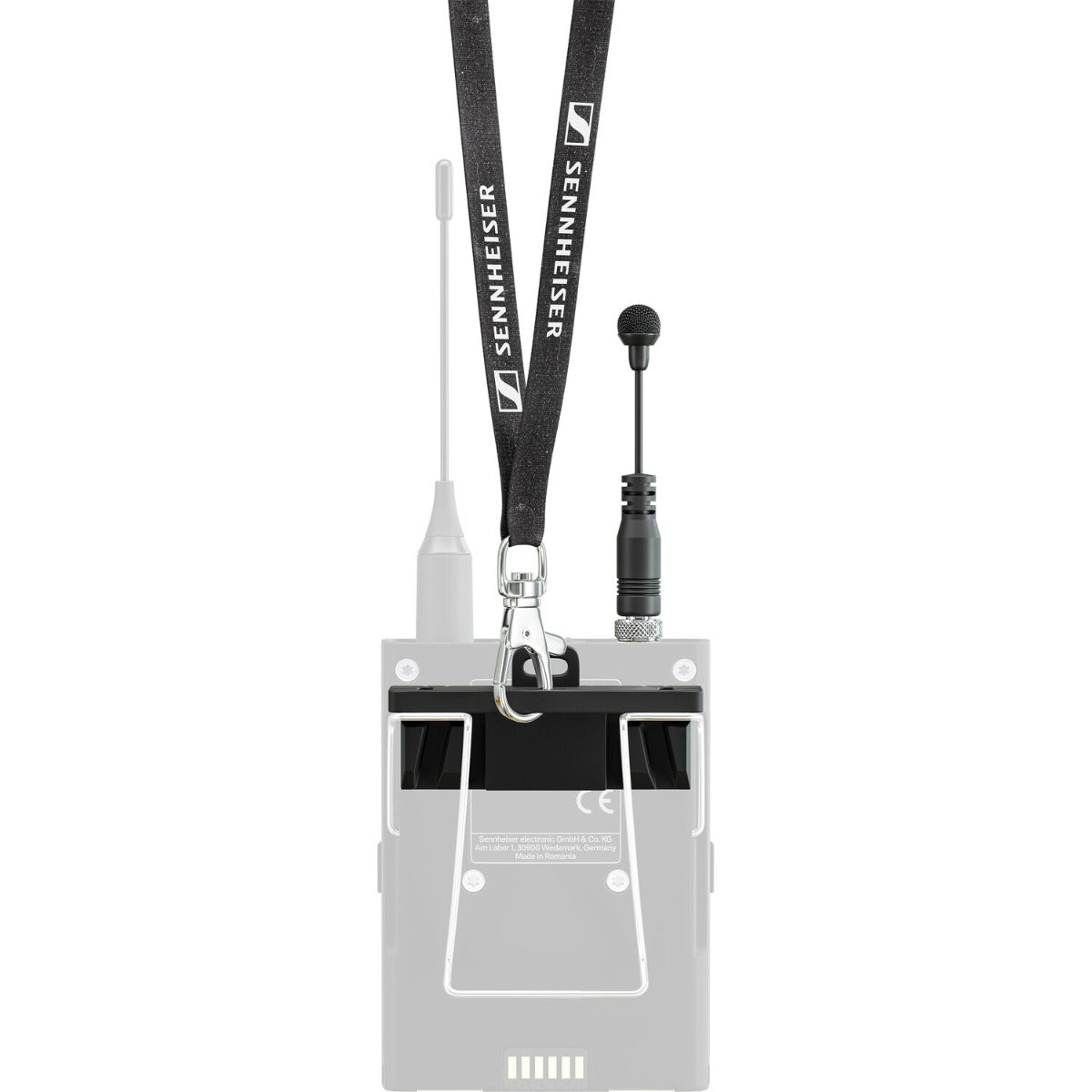 Sennheiser MKE Mini Lavalier microphone clipped to clothing, compact wearable microphone for professional audio recording.