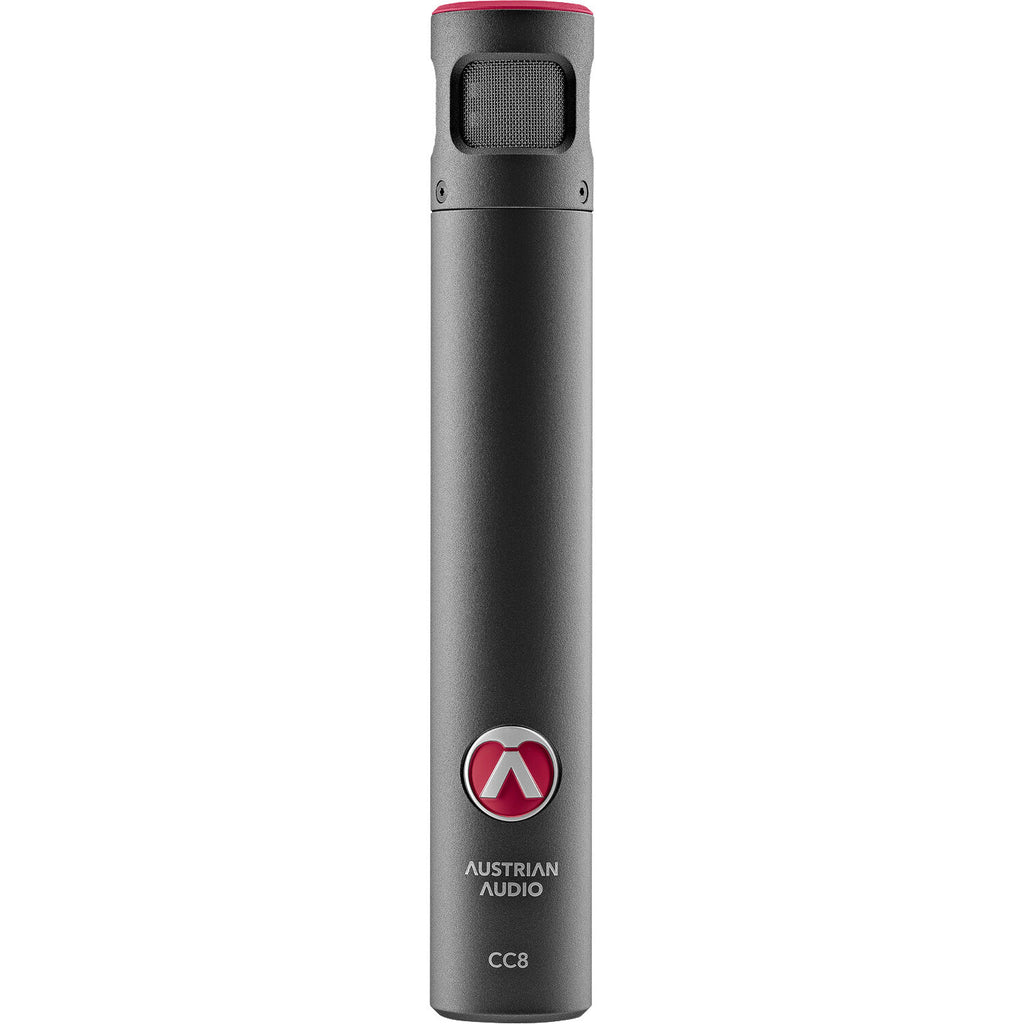 Austrian Audio CC8 condenser microphone with metal grille and professional audio equipment setup.