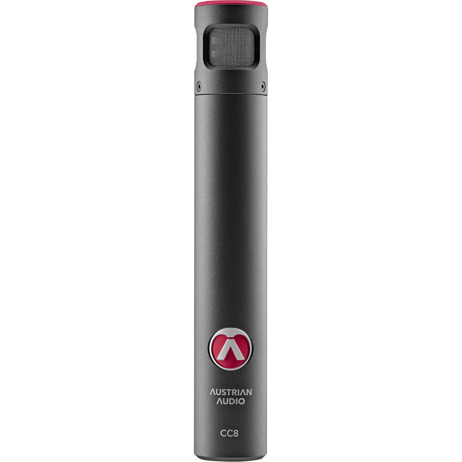 Austrian Audio CC8 condenser microphone with metal grille and professional audio equipment setup.